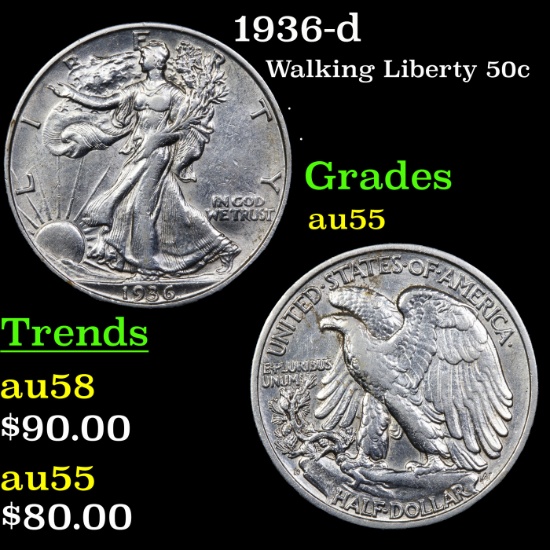 1936-d Walking Liberty Half Dollar 50c Grades Choice AU