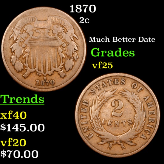 1870 Two Cent Piece 2c Grades vf+