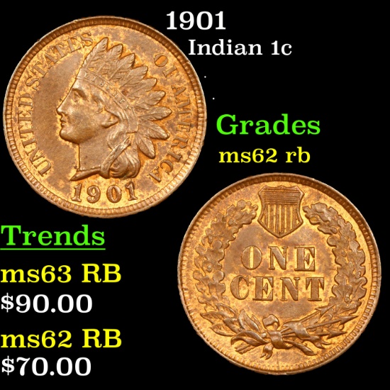 1901 Indian Cent 1c Grades Select Unc RB