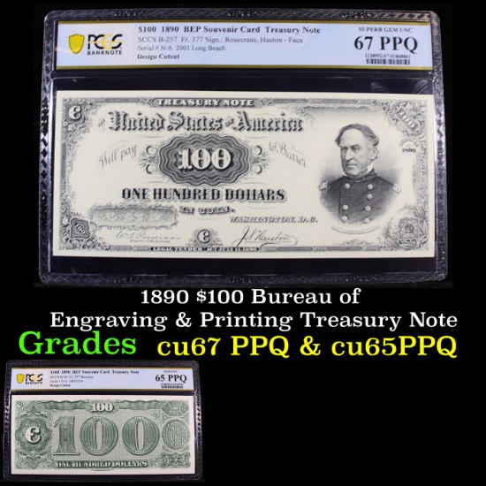 PCGS 1890 $100 Bureau of Engraving & Printing Treasury Note Graded cu67 PPQ By PCGS
