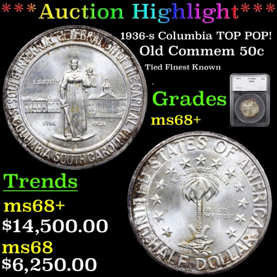 ***Auction Highlight*** 1936-s Columbia TOP POP! Old Commem Half Dollar 50c Graded ms68+ By SEGS (fc