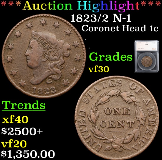 ***Auction Highlight*** 1823/2 N-1 Coronet Head Large Cent 1c Graded vf30 By SEGS (fc)