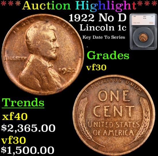 ***Auction Highlight*** 1922 No D Lincoln Cent 1c Graded vf30 By SEGS (fc)