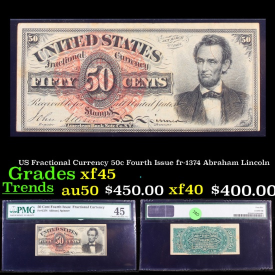 US Fractional Currency 50c Fourth Issue fr-1374 Abraham Lincoln Graded xf45 By PMG