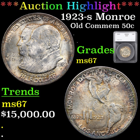 ***Auction Highlight*** 1923-s Monroe Old Commem Half Dollar 50c Graded ms67 By SEGS (fc)