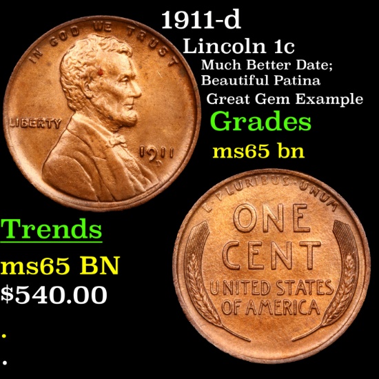1911-d Lincoln Cent 1c Grades GEM Unc BN