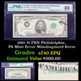 PCGS 1981 $5 FRN Philidelphia, PA Mint Error Misalingment Error Graded xf40 EPQ By PCGS
