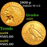 1908-p Gold Indian Quarter Eagle $2 1/2 Grades Choice AU