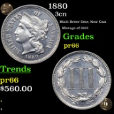 Proof 1880 Three Cent Copper Nickel 3cn Grades GEM+ Proof