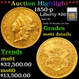 ***Auction Highlight*** 1850-p Gold Liberty Double Eagle $20 Graded ms61 details By SEGS (fc)