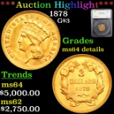 ***Auction Highlight*** 1878 Three Dollar Gold 3 Graded ms64 details By SEGS (fc)