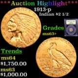 ***Auction Highlight*** 1913-p Gold Indian Quarter Eagle $2 1/2 Graded Select+ Unc By USCG (fc)