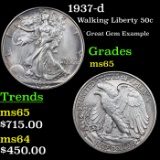 1937-d Walking Liberty Half Dollar 50c Grades GEM Unc