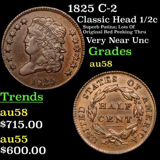 1825 C-2 Classic Head half cent 1/2c Grades Choice AU/BU Slider