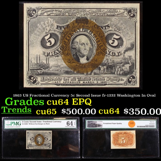 1863 US Fractional Currency 5c Second Issue fr-1232 Washington In Oval GRaded cu64 EPQ By PMG