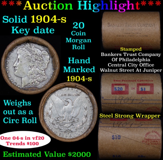 ***Auction Highlight*** Full solid date 1904-s Morgan silver $1 roll, 20 coins (fc)