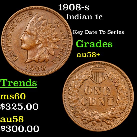 1908-s Indian Cent 1c Grades Choice AU/BU Slider+