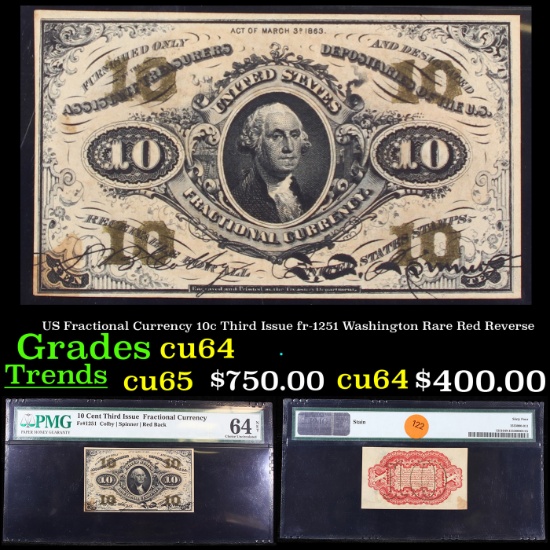 US Fractional Currency 10c Third Issue fr-1251 Washington Rare Red Reverse Graded cu64 By PMG