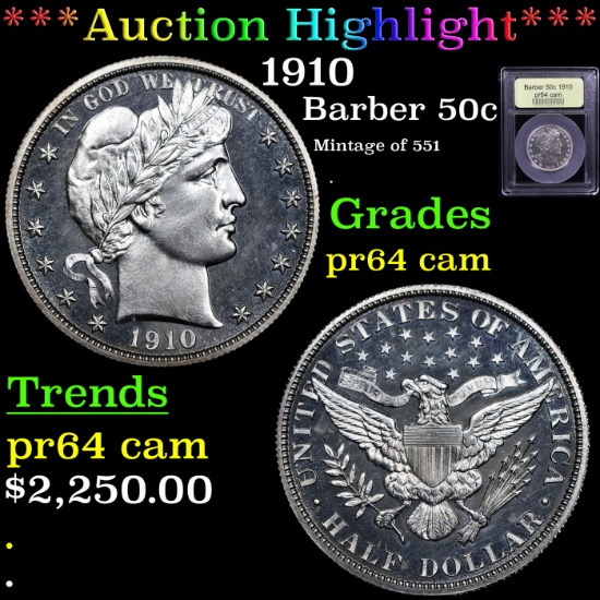 Proof ***Auction Highlight*** 1910 Barber Half Dollars 50c Graded Choice Proof Cameo By USCG (fc)