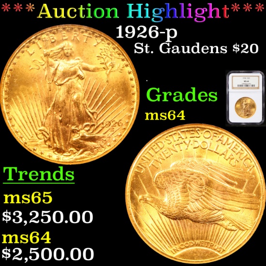 ***Auction Highlight*** NGC 1926-p Gold St. Gaudens Double Eagle $20 Graded ms64 By NGC.
