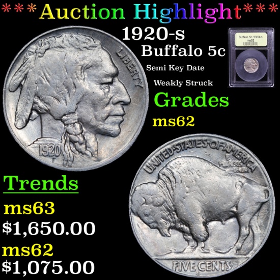 ***Auction Highlight*** 1920-s Buffalo Nickel 5c Graded Select Unc By USCG (fc)