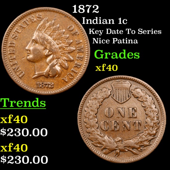 1872 Indian Cent 1c Grades xf
