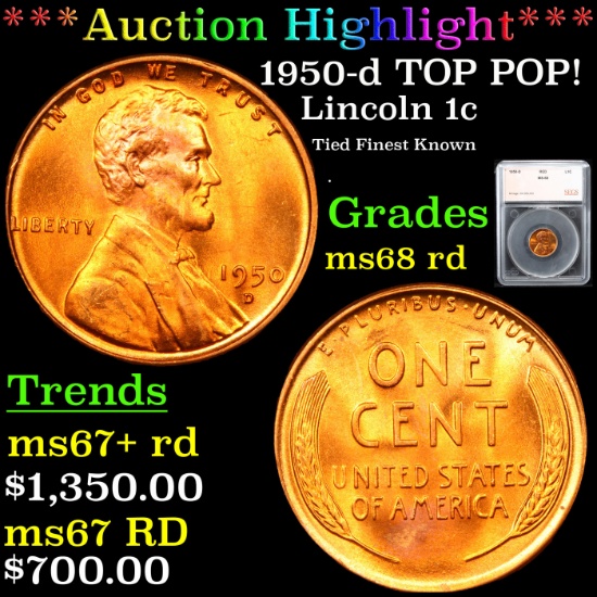 ***Auction Highlight*** 1950-d TOP POP! Lincoln Cent 1c Graded ms68 rd By SEGS (fc)