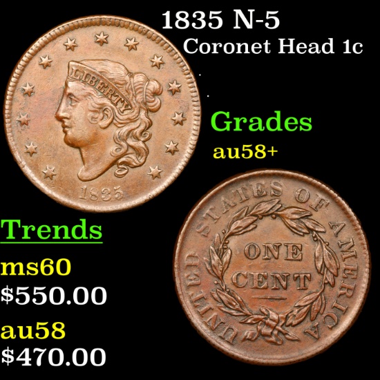 1835 N-5 Coronet Head Large Cent 1c Grades Choice AU/BU Slider+
