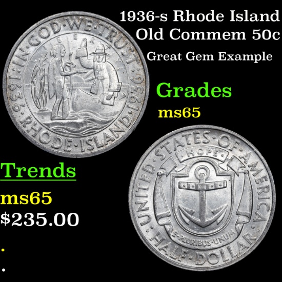 1936-s Rhode Island Old Commem Half Dollar 50c Grades GEM Unc