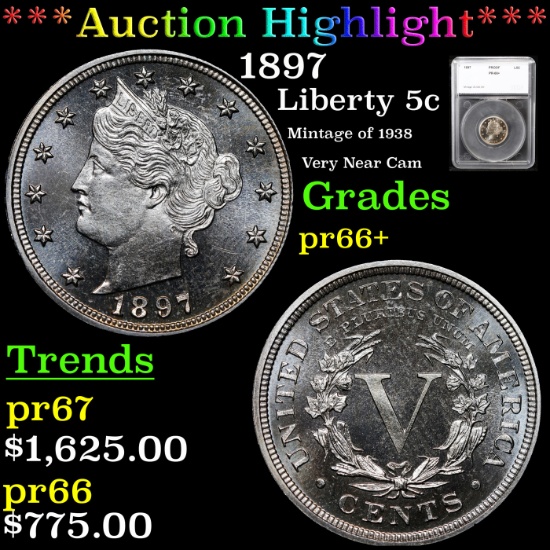 Proof ***Auction Highlight*** 1897 Liberty Nickel 5c Graded pr66+ By SEGS (fc)