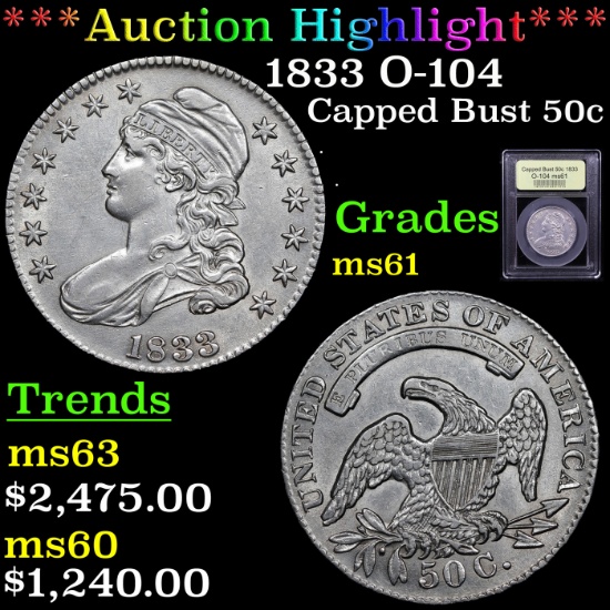 ***Auction Highlight*** 1833 O-104 Capped Bust Half Dollar 50c Graded BU+ By USCG (fc)