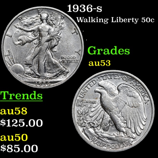 1936-s Walking Liberty Half Dollar 50c Grades Select AU