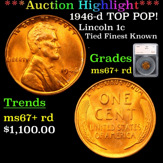 1946-d TOP POP! Lincoln Cent 1c Graded ms67+ rd By SEGS