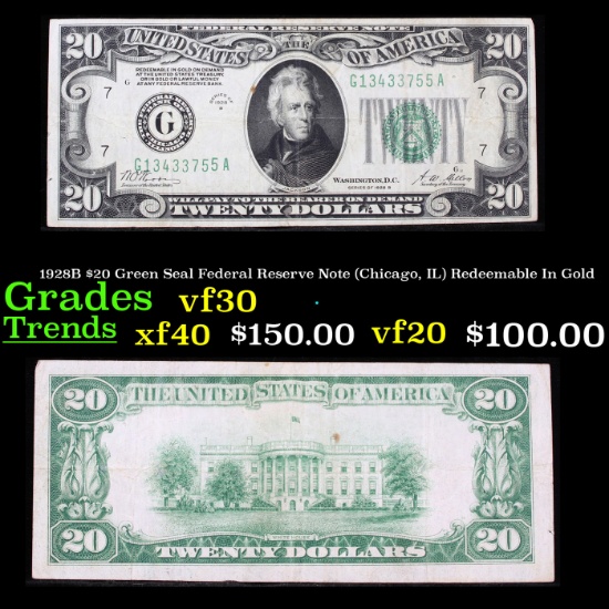1928B $20 Green Seal Federal Reserve Note (Chicago, IL) Redeemable In Gold Grades vf++