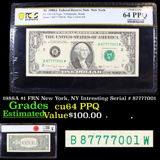 PCGS 1988A $1 FRN New York, NY Intresting Serial # 87777001 Graded cu64 PPQ By PCGS