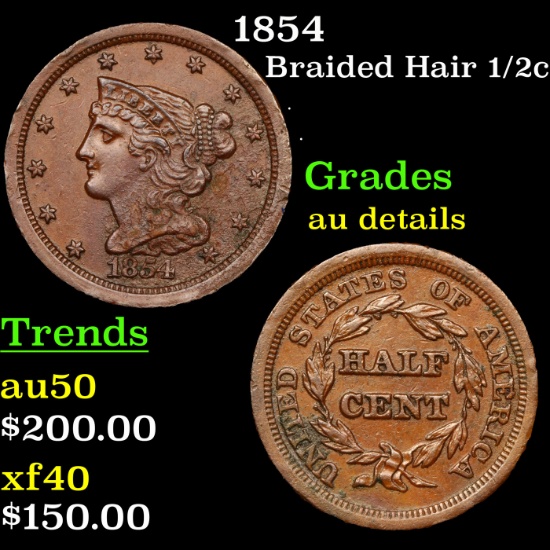 1854 Braided Hair Half Cent 1/2c Grades AU Details