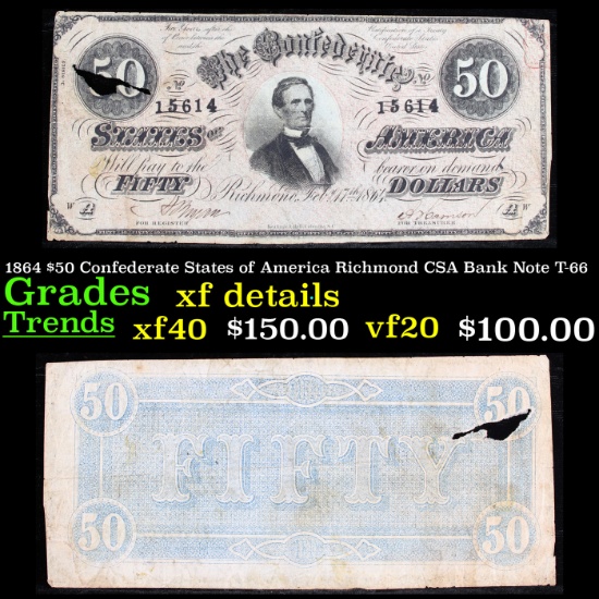 1864 $50 Confederate States of America Richmond CSA Bank Note T-66 Grades xf details