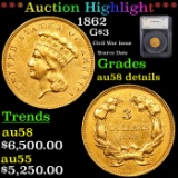***Auction Highlight*** 1862 Three Dollar Gold 3 Graded au58 details By SEGS (fc)