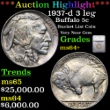 ***Auction highlight*** 1937-d 3 leg Buffalo Nickel 5c Graded ms64+ By SEGS (fc)