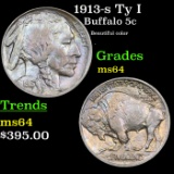 1913-s Ty I Buffalo Nickel 5c Grades Choice Unc