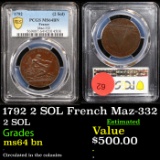 PCGS 1792 2 SOL French Maz-332 Graded ms64 bn By PCGS