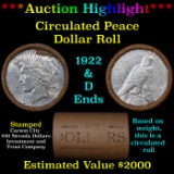 ***Auction Highlight*** Full solid Date Peace silver dollar roll, 20 coin 1922 & 'D' Ends (fc)
