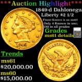 ***Auction Highlight*** 1849-d Dahlonega Gold Liberty Quarter Eagle $2 1/2 Graded ms61 details By SE