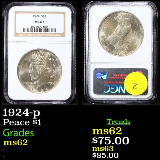 NGC 1924-p Peace Dollar $1 Graded ms62 By NGC