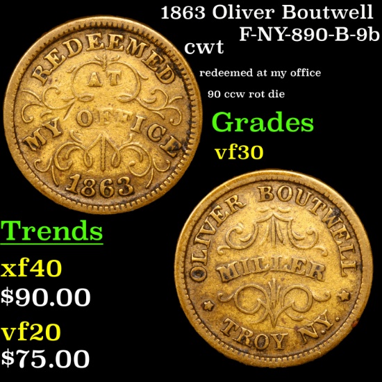 1863 Oliver Boutwell F-NY-890-B-9b Civil War Token 1c Grades vf++