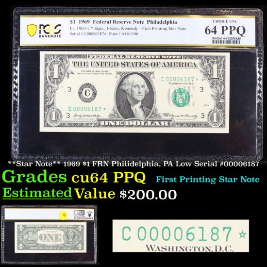 PCGS **Star Note** 1969 $1 FRN Philidelphia, PA Low Serial #00006187 Graded cu64 PPQ By PCGS