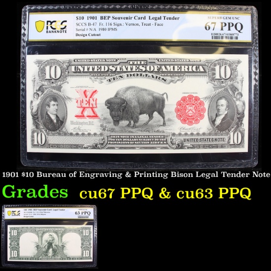 PCGS 1901 $10 Bureau of Engraving & Printing Bison Legal Tender Note Graded cu67 PPQ By PCGS