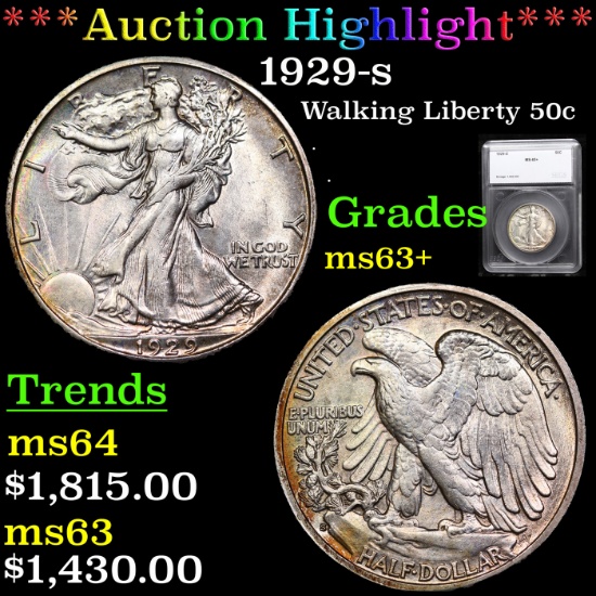 ***Auction Highlight*** 1929-s Walking Liberty Half Dollar 50c Graded ms63+ By SEGS (fc)