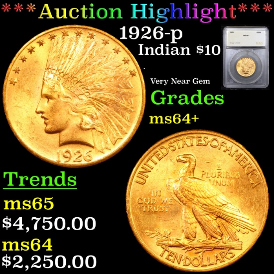 ***Auction Highlight*** 1926-p Gold Indian Eagle $10 Graded ms64+ By SEGS (fc)