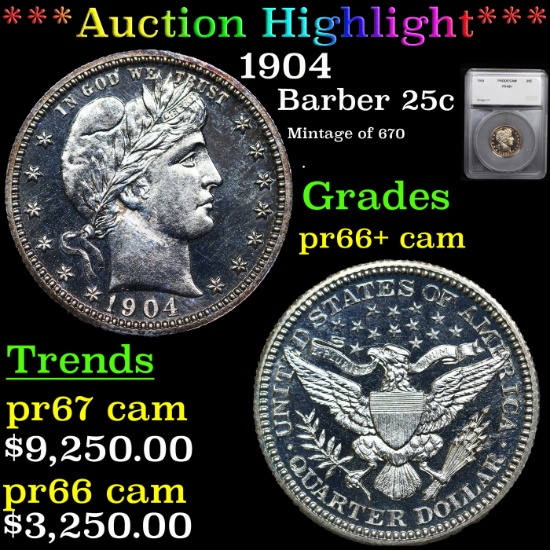 Proof ***Auction Highlight*** 1904 Barber Quarter 25c Graded pr66+ cam By SEGS (fc)